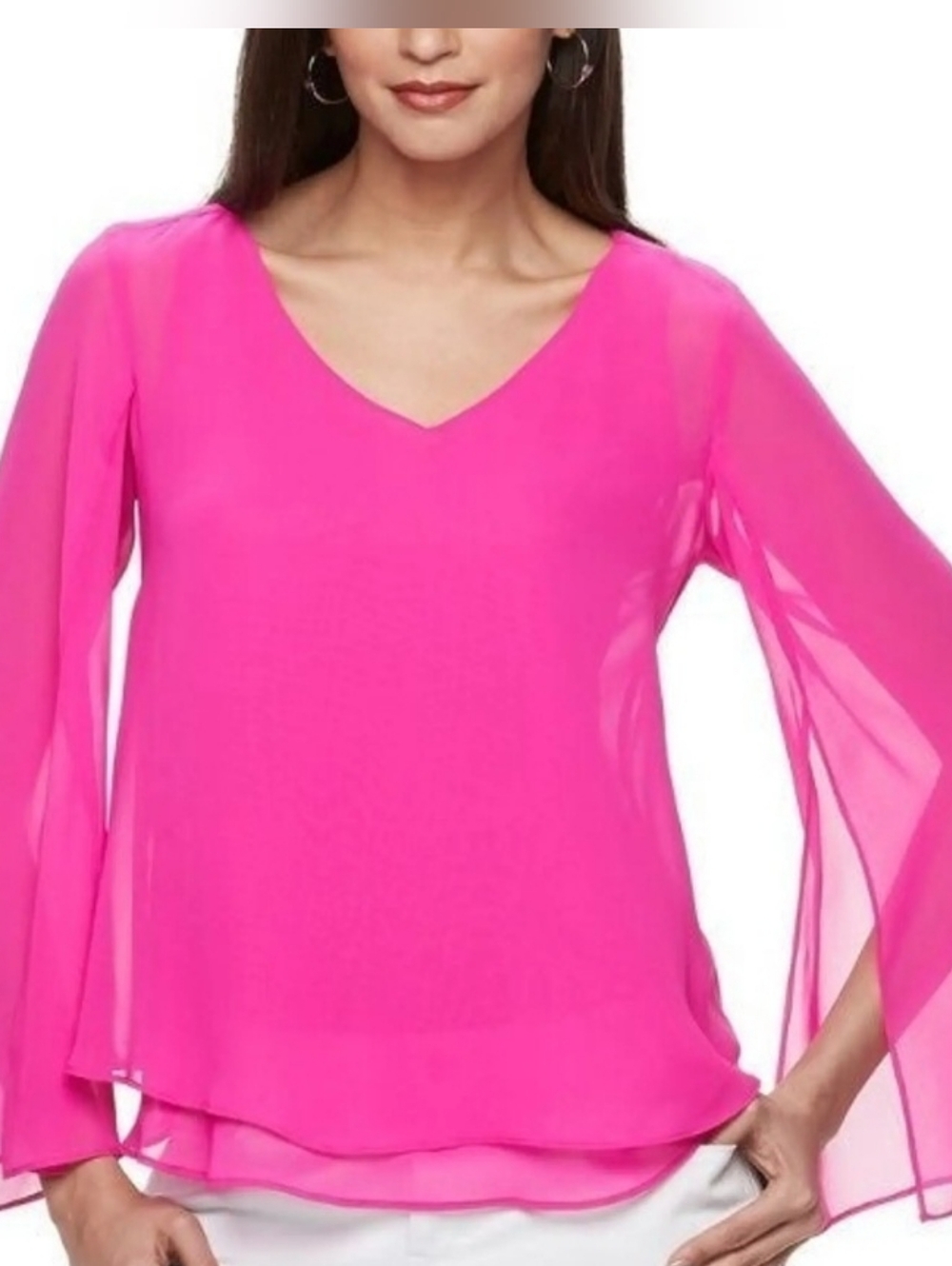 Jennifer Lopez Sheer Flutter Sleeve V-Neck Top - Hot Pink ~ Size Small